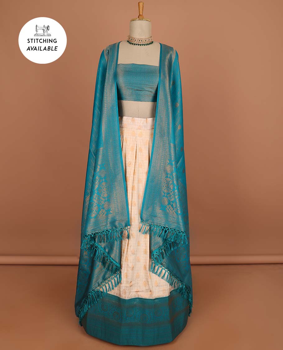 Cream checked , floral design half saree with contrast border, zari design blouse & striped , floral dhavani