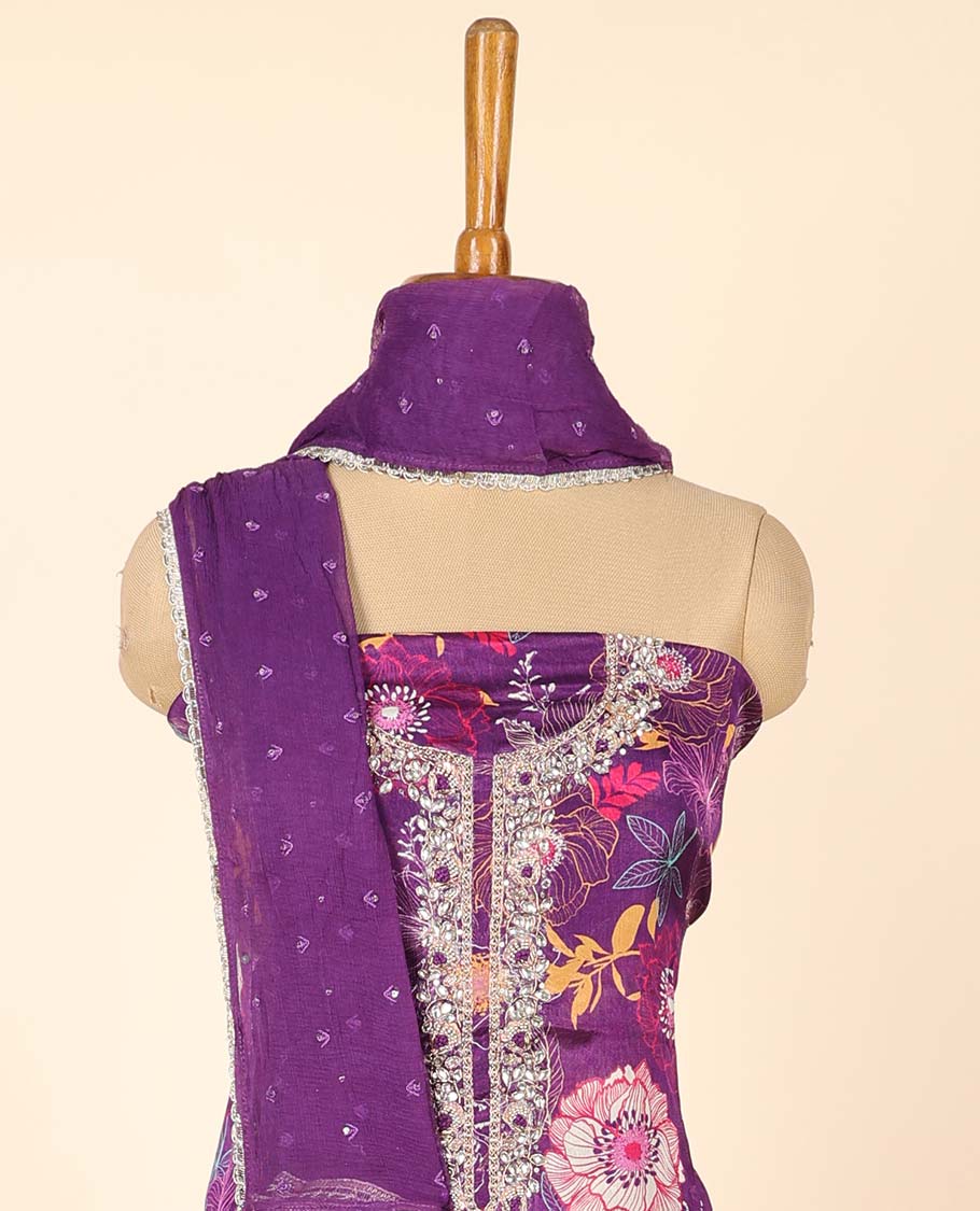 Purple material chudidhar set, floral print & embroidered top, plain bottom & embroidered dupatta