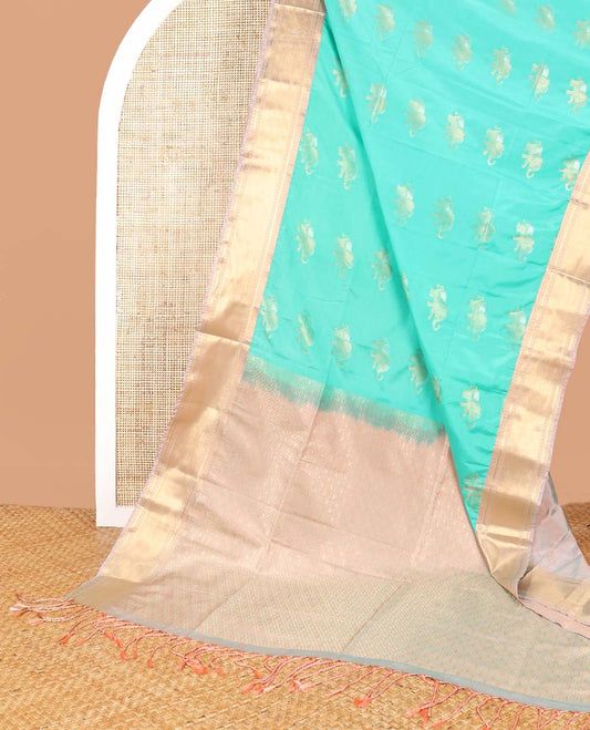 Sea blue elephant design soft silk saree with contrast zari design border & intricate zari design pallu