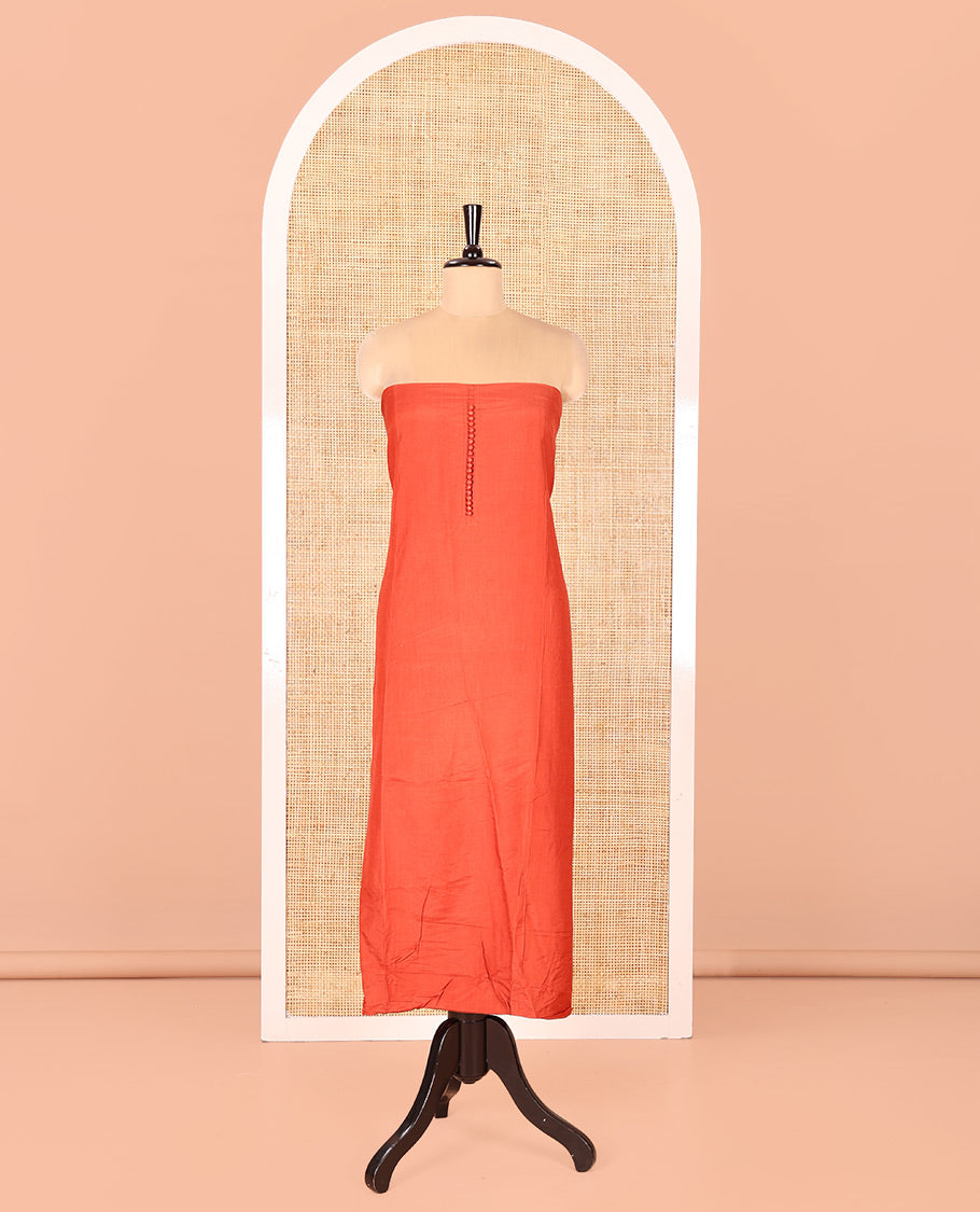 Rust Semi-Silk Material Chudidar Set, Adorned with Pom-Pom Necklined Top, a Plain Santoon Bottom, and Paired Floral Zari Woven Semi-Silk Dupatta