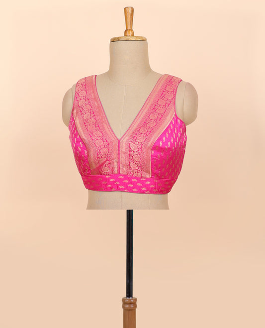 Pink intricate floral zari design front & back deep v-neck raw-silk readymade sleeveless blouse