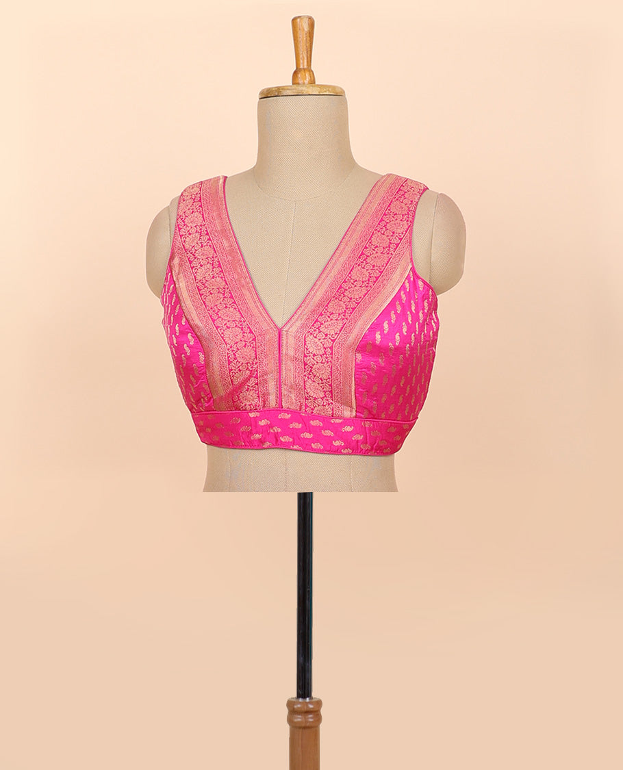 Pink intricate floral zari design front & back deep v-neck raw-silk readymade sleeveless blouse
