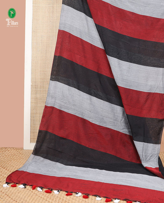 Multi-color striped jute cotton saree with selg border & Self pallu, tussels alonf with contrast blouse