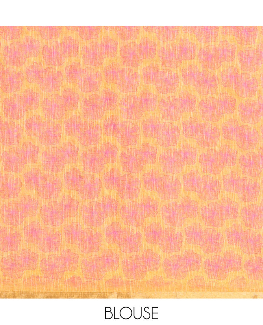 Violet Linen Cotton Saree, Decorated with Abstract Floral Print On Its Body, Subtle Piping Border, Pallu of Floral and Geometric Print, and Paired with a Contrast Blouse