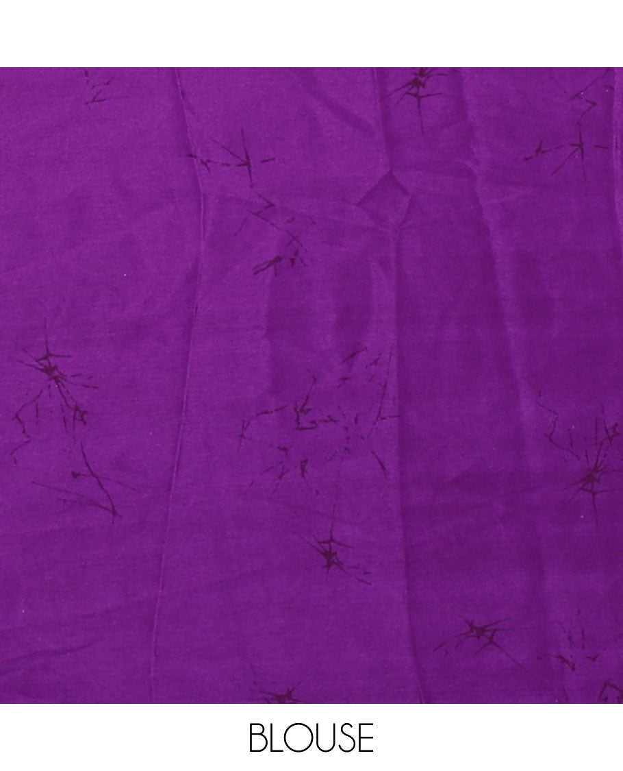 Borderless violet half-and-half model satin saree with batik-style big floral motifs digital printed body and pallu