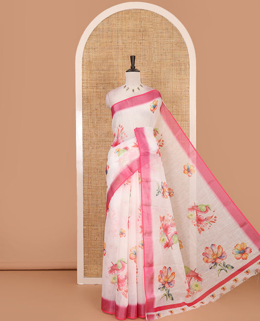 Cream-pink floral & sparrow printed linen saree, contrast zari border & floral motifs printed blouse