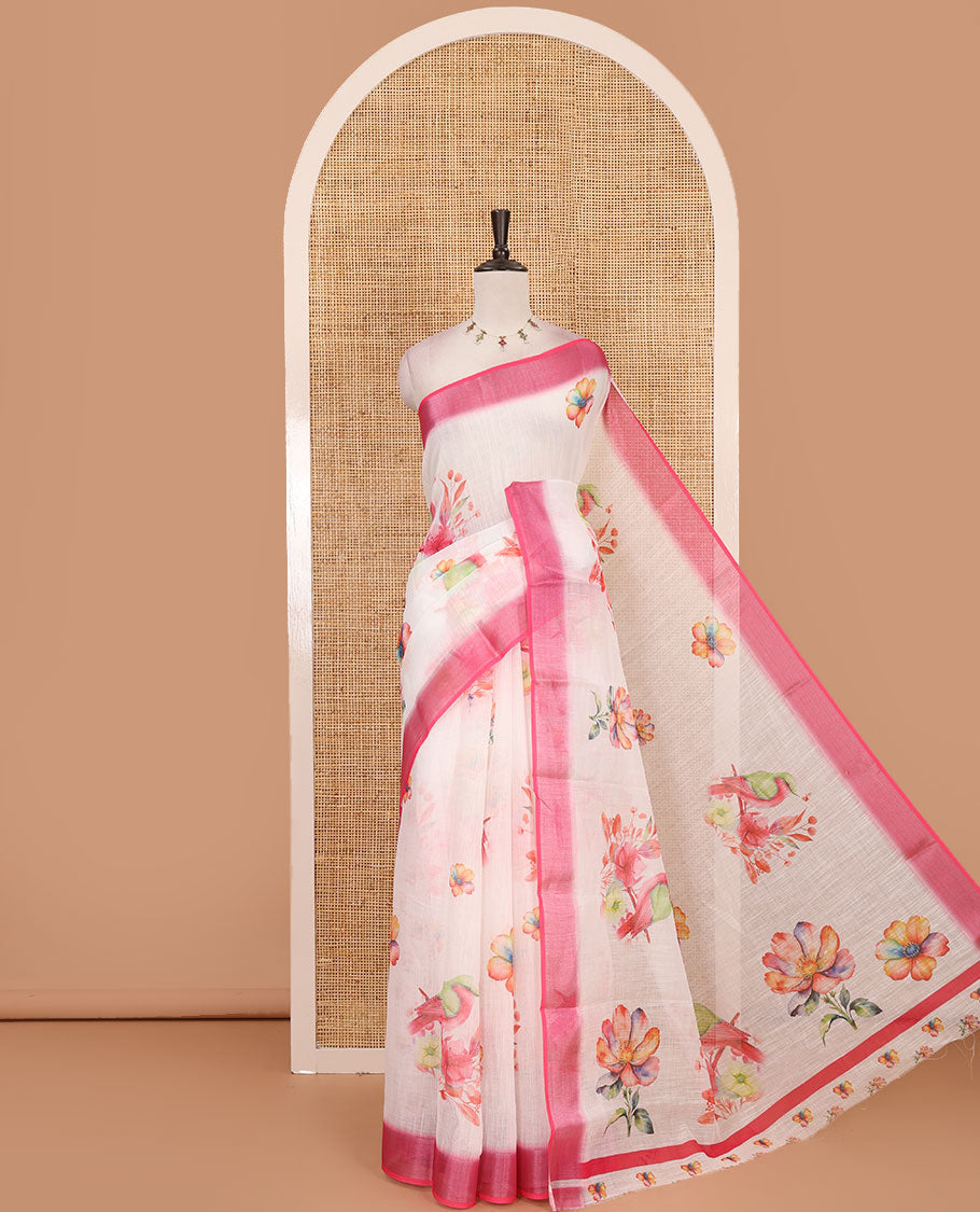Cream-pink floral & sparrow printed linen saree, contrast zari border & floral motifs printed blouse