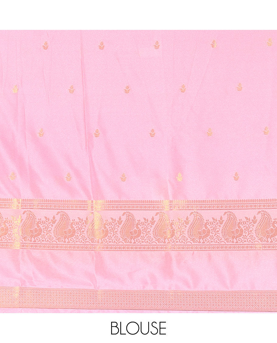Green Art Mysore Silk Saree, Enriched with Zari Buttas All Over Its Body, Complemented by a Contrast  Traditional Zari Rettai Pettu Border of Peacock and Jaal Designs, Subtly Zari Striped Pallu, and Paired with a Contrast Blouse