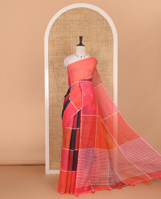 Borderless multi colour  colorful big checked geometric theme printed linen saree, striped pallu and contrast plain blouse