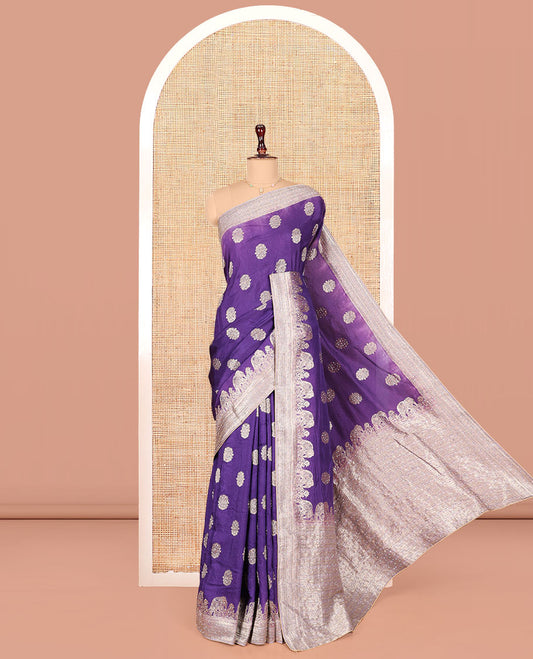 Violet Dola Silk Saree, Delicately Woven with Buttas on Its Body, Complemented by Contrast Border of Traditional and Embroidery Work, Intricately Designed Pallu, and Paired with a Contrast Blouse