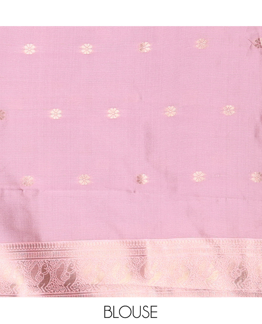 Navy Blue Kanchi Silk Saree Features Mayil-Chakram Buttas, a Contrast Traditional Border, Jaal Pallu, and a Contrast Blouse