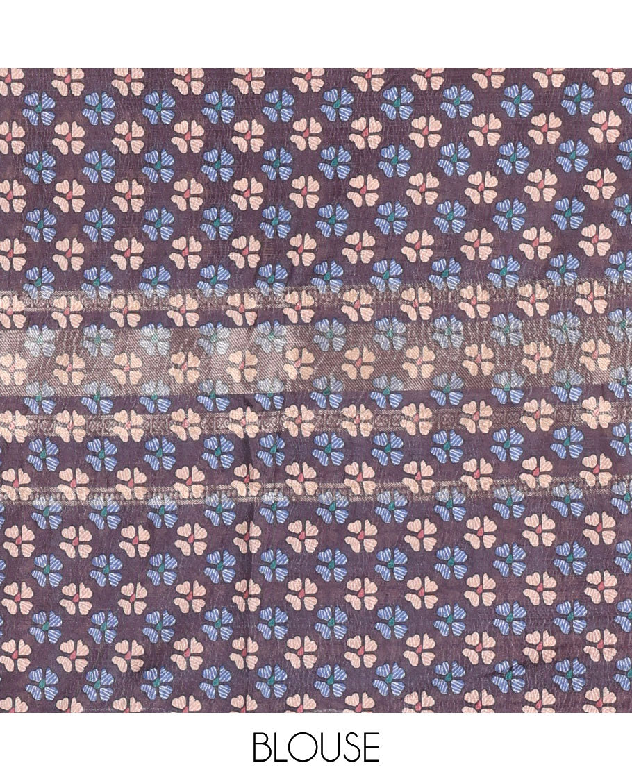 Brown Madhubani fish motifs printed moss crush saree, double-sided zari border, Madhubani village printed pallu, and a floral buttas printed blouse