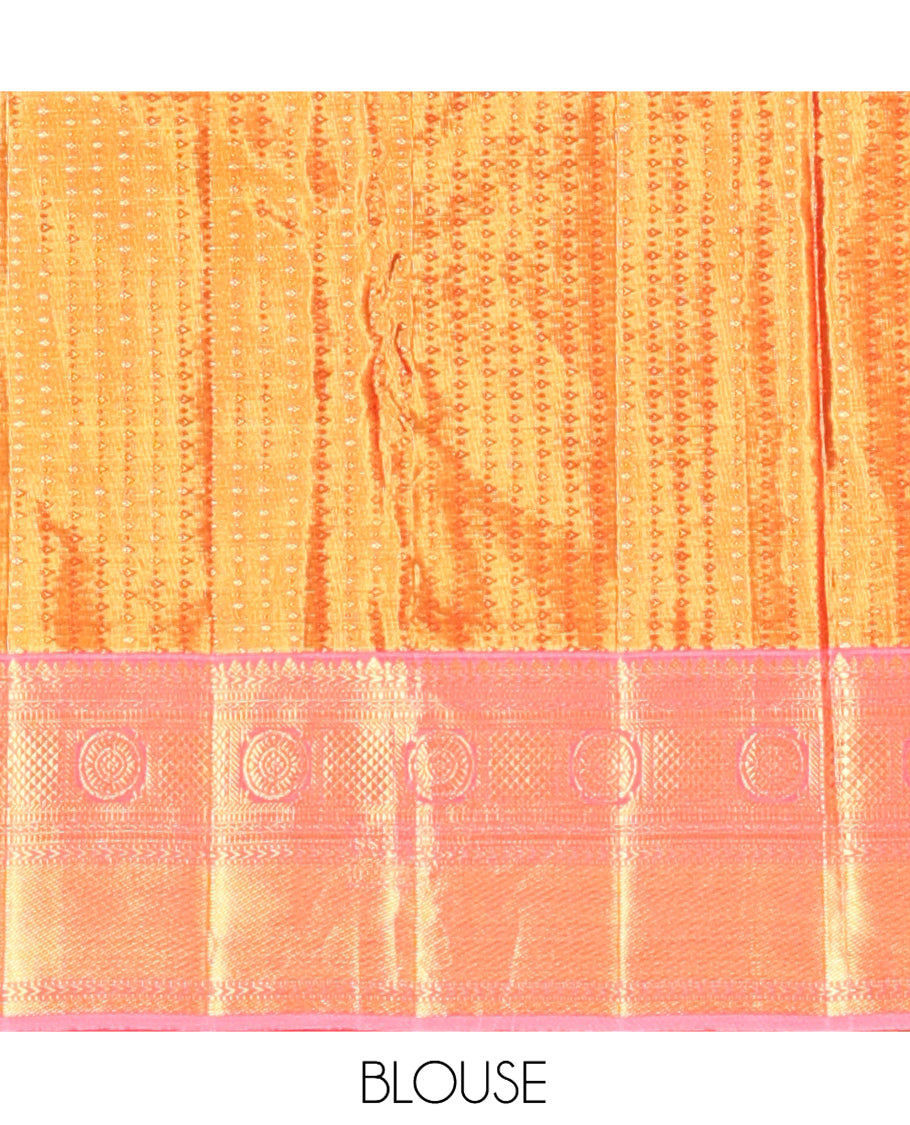 Gold Kanchipuram Tissue Silk Saree, Majestically Detailed with Floral Meenakari Jacquard, Contrast Border of  Kathir, Muthu, Neli, Kuyil Kann, and Chakram, Jaal Pallu, and Contrast Blouse