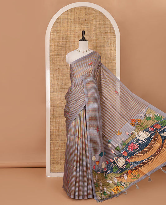 Borderless grey checked & lotus motifs kantha work-style printed fancy tussar saree, painting-style scenery printed pallu & lotus motifs printed blouse