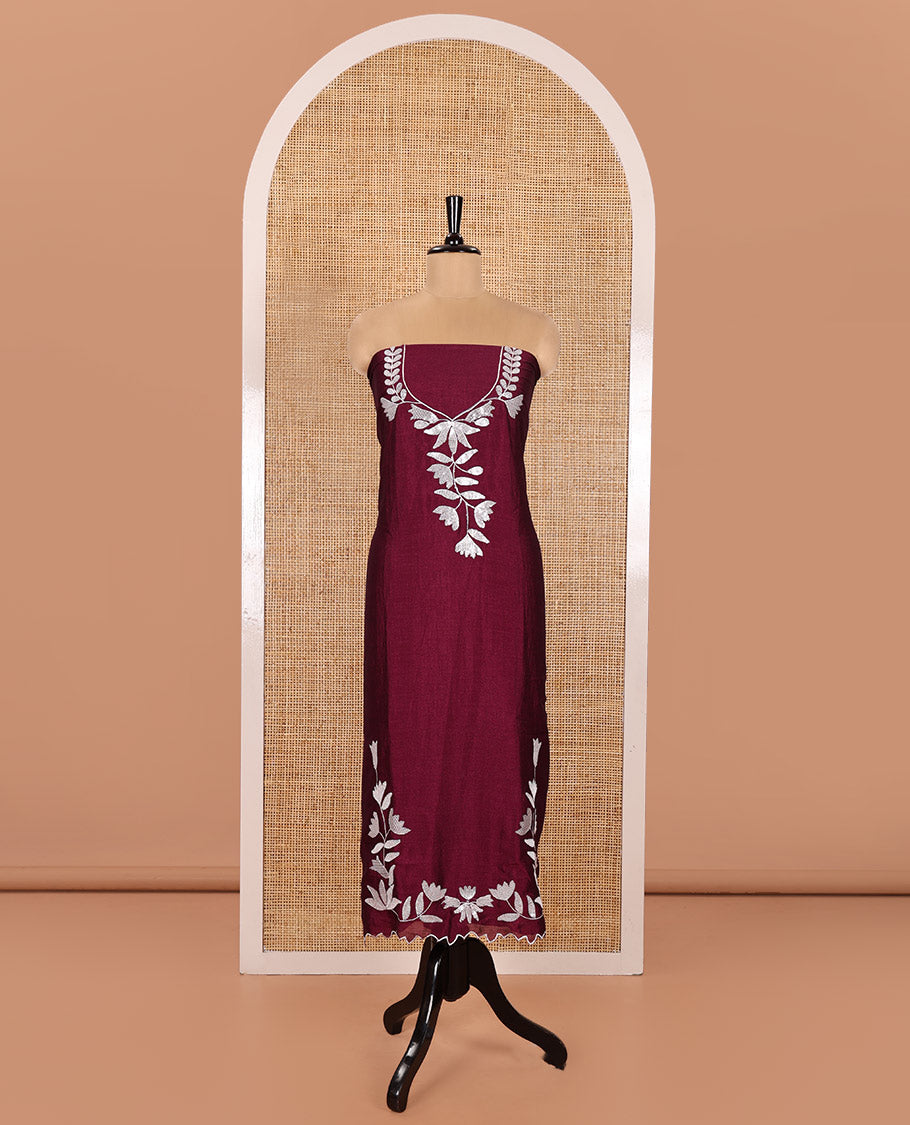 Wine Material Churidar Set, Detailed with Floral Motifs Sequins-Thread Embroidered on Its Vichitra Silk Top, Comes with a Contrast Santoon Bottom, and Paired with a Vichitra Silk Floral Embroidered Scallop Dupatta