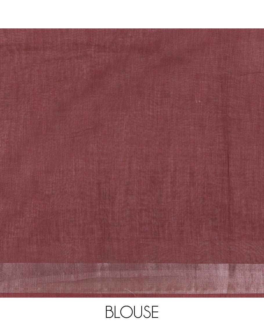 Chikku Linen Saree, Decorated with Buttas and Geometric Print on Its Body, Highlighted by Zari Bavanji Border, Pallu of Same Geometric Print, and Paired with a Contrast Blouse