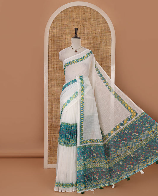 White half-plain & half-printed linen cotton saree, ramar-color diamond-patterned border, kalamkari-style flora-fauna printed pallu & diamond jaal printed blouse