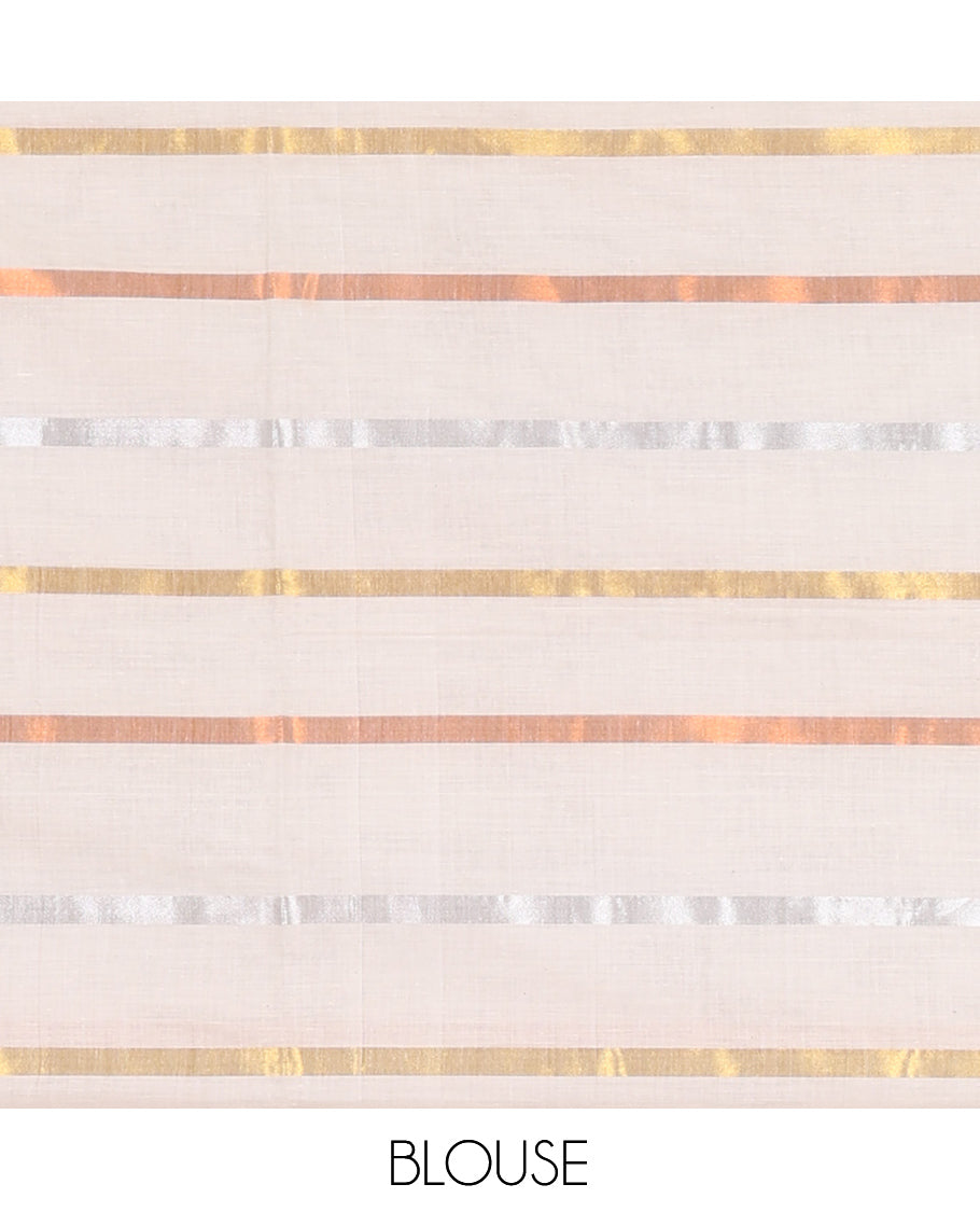Borderless Off-White Kerala Cotton Saree Features Gold-Copper-Silver Zari Stripes, and a Matching Blouse