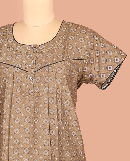 Brown Cotton Nighty Finely Printed with Diamond Patterns, Featuring Lace Work, Round Front Neck, and Half Sleeves
