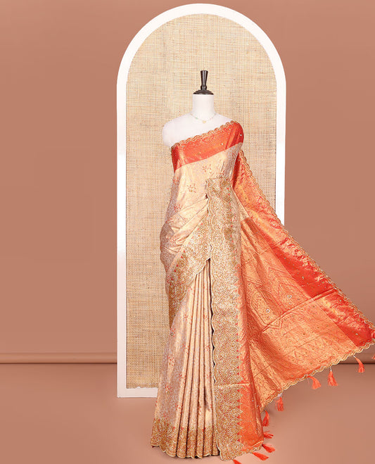 Sandal Vastrakala Silk Saree, Entralled with Jacquard and Embroidery Work, Complemented by Contrast Zari and Patch Embroidered Border, Mughal-style Design Stone Work Pallu, and Paired with Contrast Heavy Embroidered Blouse