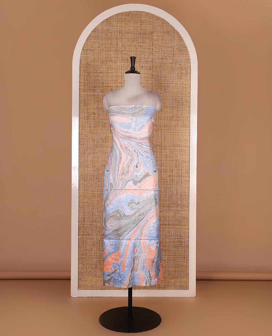 Orange semi-jute cotton material churidar set, abstract marble print top, abstract marble print bottom, and abstract marble print dupatta