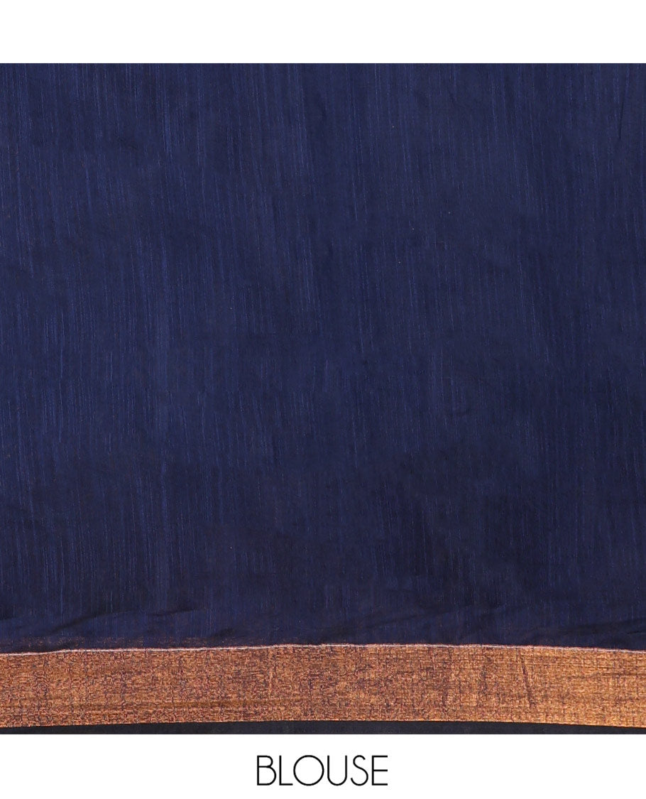 Navy Blue Khadi Linen Saree, Artfully Crafted with Elephant Appliqué Work, Contrast Temple Appliqué Border and a Plain Blouse