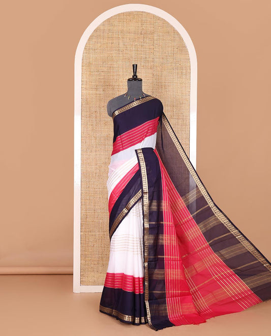 White zari striped Art Mysore silk saree, contrast navy blue and pink dual-colored traditional zari border, zari design pallu, and a contrast zari design blouse