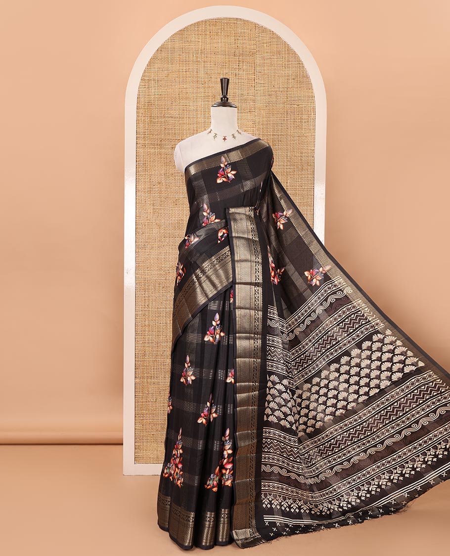 Black zari striped & floral digital printed fancy tussar silk saree traditional zari border, geometric printed pallu & discharge printed blouse