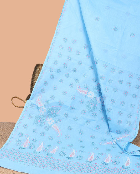 Blue floral embroidery lucknowi chikankari cotton saree,self scallop design border & pallu of floral, paisley embroidery