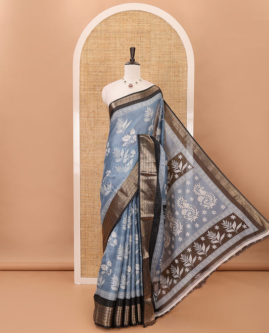 Blue zari striped & floral printed dola silk saree,contrast zari design border,floral-paisley print pallu, printed-zari-work blouse