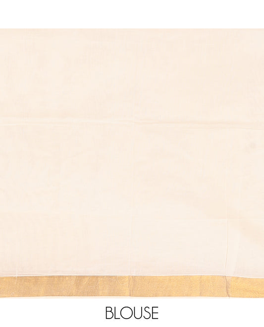 Cream Kerala Saree, Subtly Woven with Zari Buttas on Its Body, Bavanji Zari Border, Pallu of Zari Designs, and Paired with a Matching Blouse