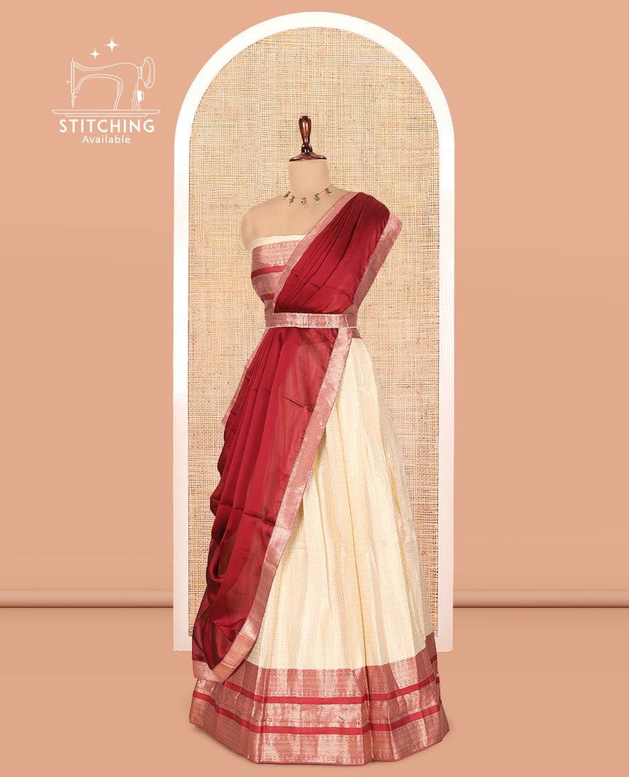Cream-Red Semi-Silk Half-Saree