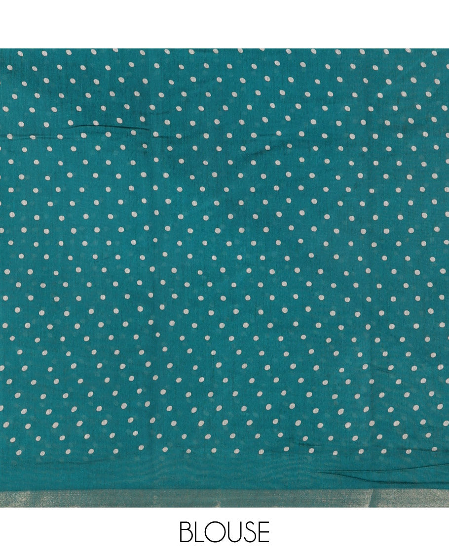 Rama shibori printed muslin cotton saree, contrast zari border, village theme printed pallu, and a contrast dots printed blouse