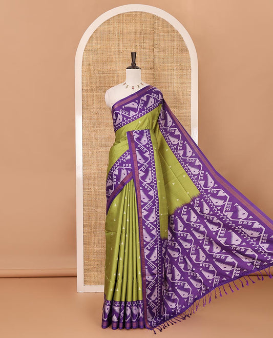 Parrot green temple buttas katan silk saree, contrast border & pallu of jamdani-style motifs & diamond motifs printed contrast blouse