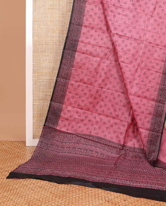 Pink floral design printed silk saree with contrast intricate design border & floral design pallu