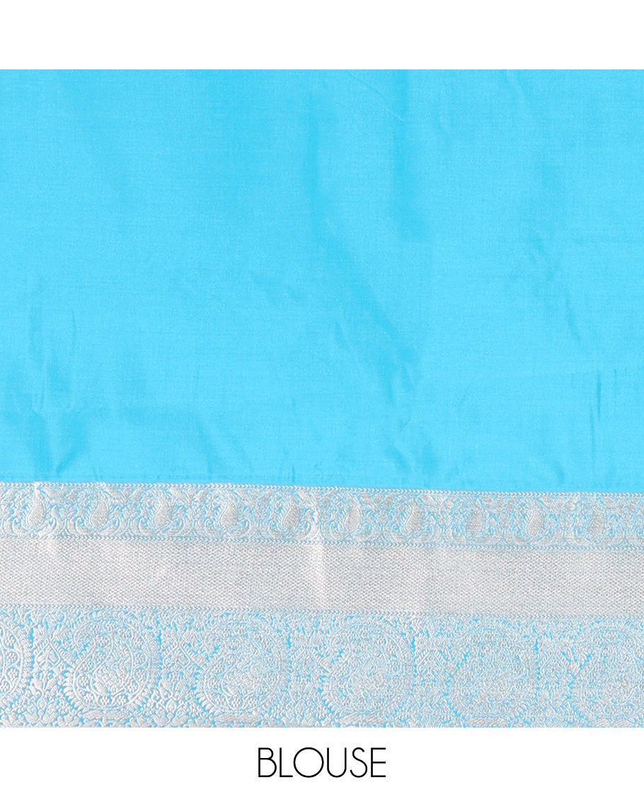Parrot Green Semi-Soft Silk Saree, Elegantly Crafted with Vaira Oosi, and Paisley Buttas All Over Its Body, Complemented by Contrast Traditional Border of Paisleys, Intricately Designed Pallu, and Paired with a Contrast Blouse
