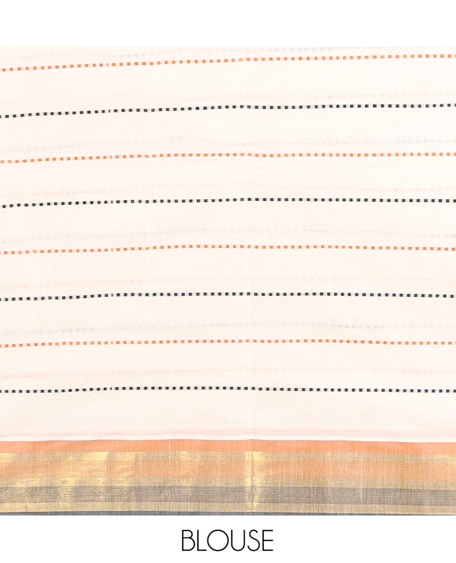 Half-White Kerala Cotton Saree, Subtly Sparkled with Dotted Stripes on Its Body, Complemented by a Contrast Border, Pallu of Subtle Stripes, and Paired with a Matching Blouse