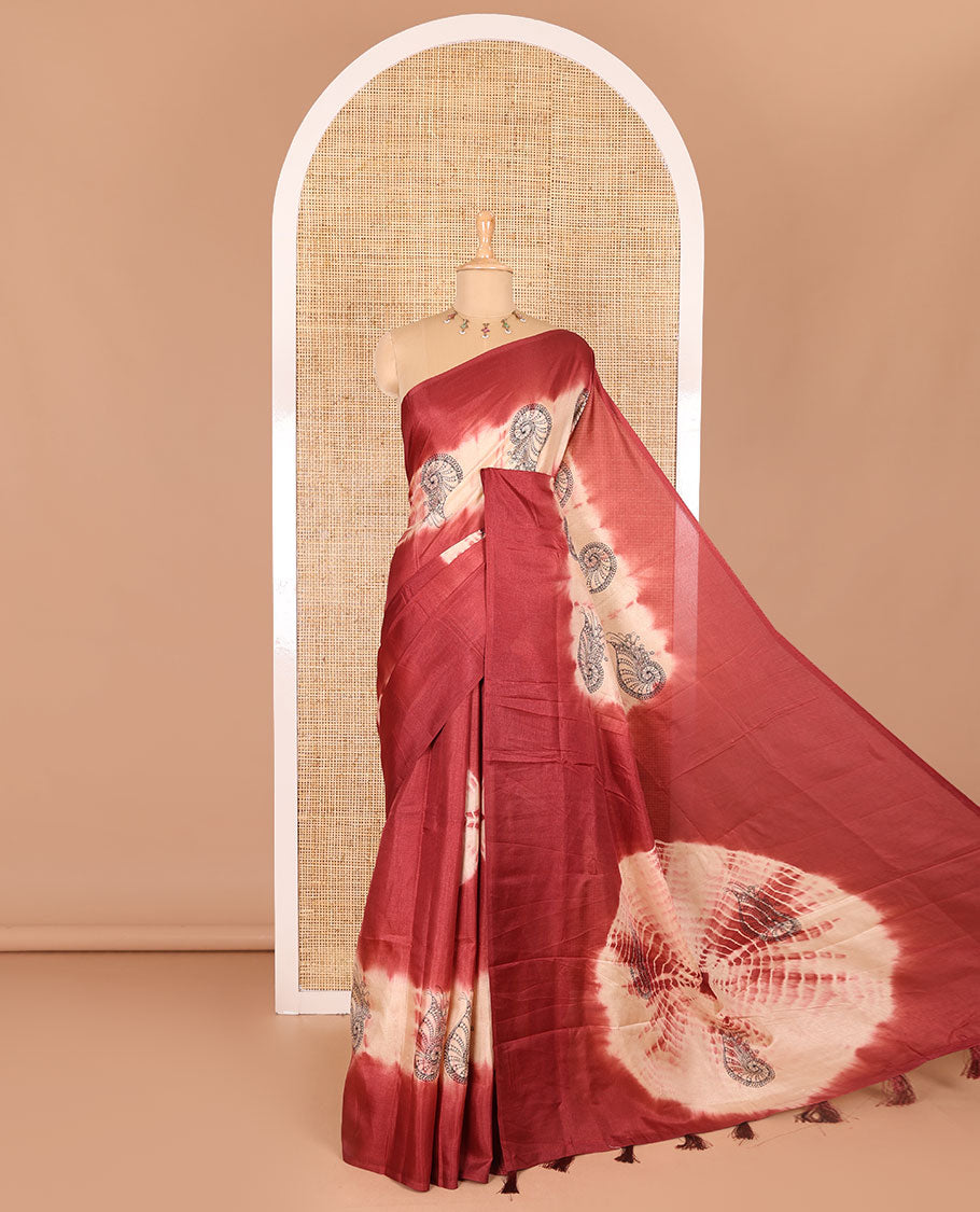 Borderless maroon shibori printed with shell motifs, blockprinted Manipur tussar saree, shibori printed pallu, and a plain matching blouse