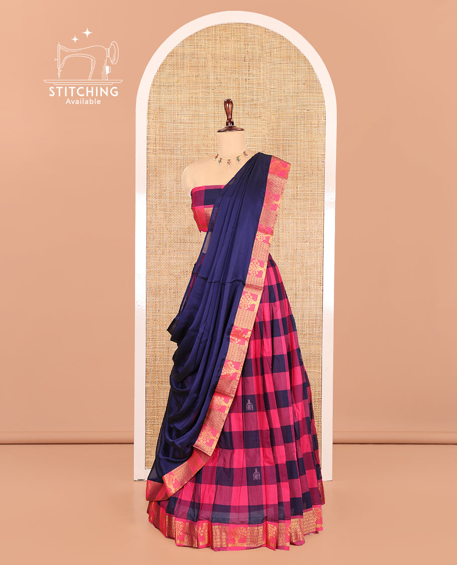 Rani-Navy Chettinad Cotton Half Saree Features Checks and Buttas Skirt, Tree Border, Matching Blouse, Contrast Dhavani