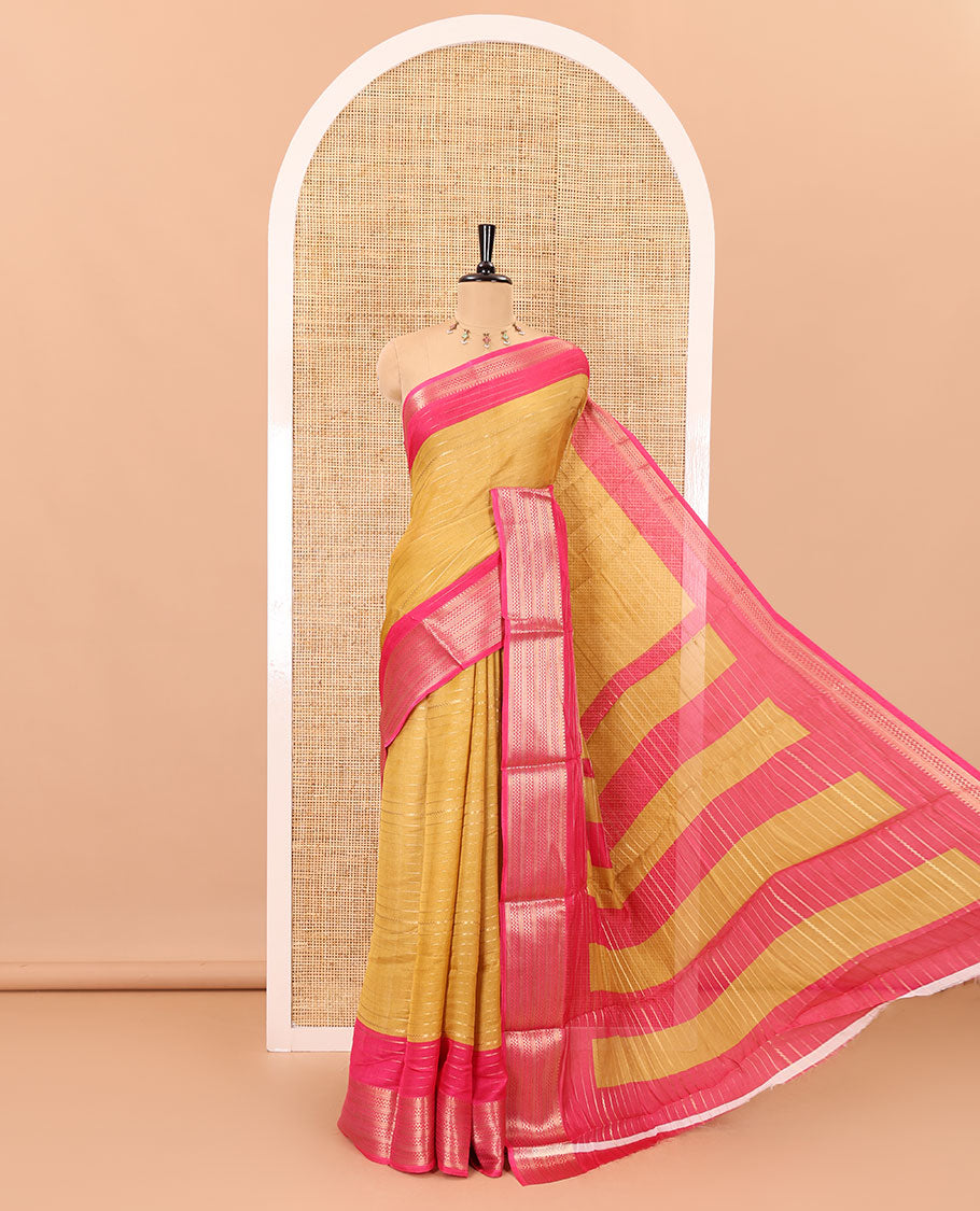 Gold horizontal zari striped moss chiffon saree, contrast traditional zari border, striped pallu, and a contrast zari design blouse