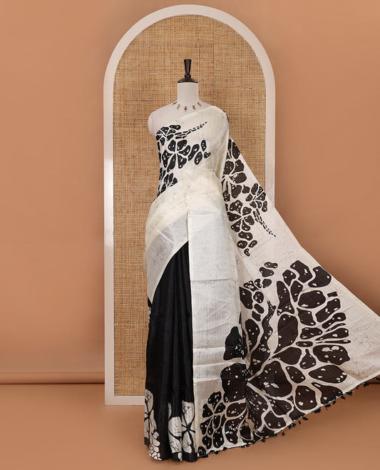 Borderless white-black batik-style floral big printed khadi cotton saree, purple batik printed blouse