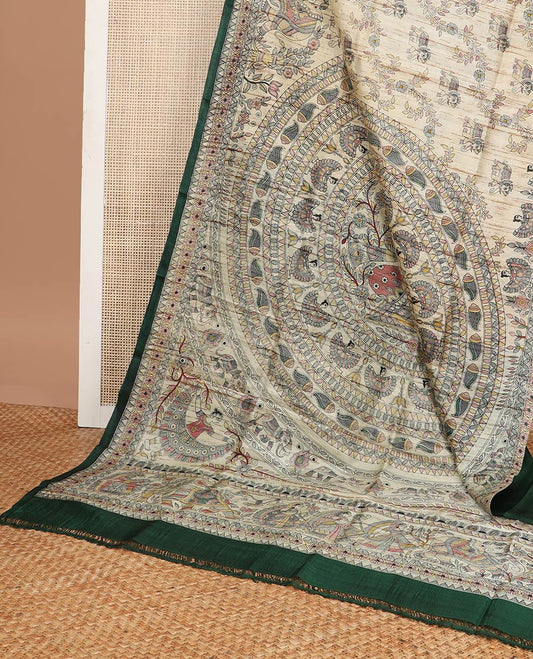 Cream madhubani style printed silk saree with contrast border