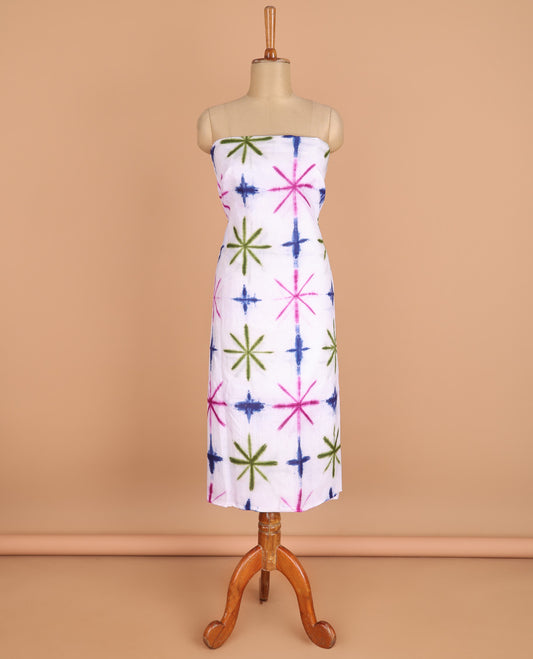 Cream with blue chudidhar material pure cotton batik print top with cotton pants & double side hand print dupatta