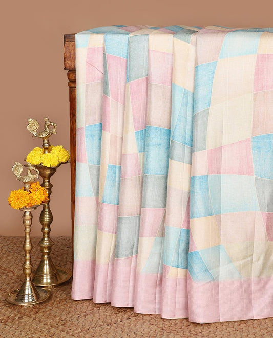 Pink geometrical digital print fancy tussar silk saree with resam border & resam pallu along with plain blouse