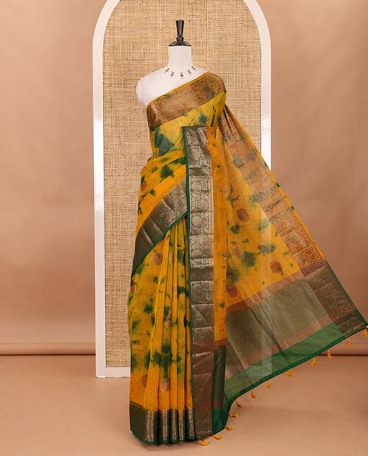 Yellow all over zari butta with shibori-style printed jute cotton saree, contrast zari border, zari line weaving pallu & contrast blouse