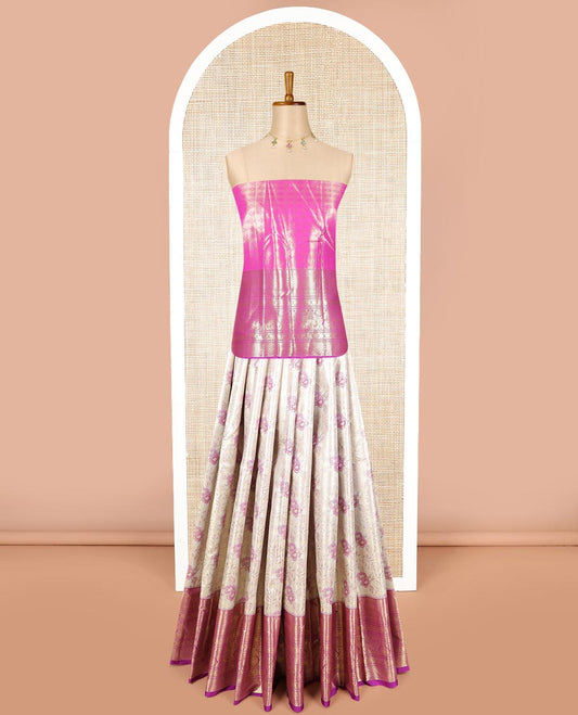 Sandal floral jacquard art silk half saree with contrast intricate zari design border, zari design blouse & floral design dhavani