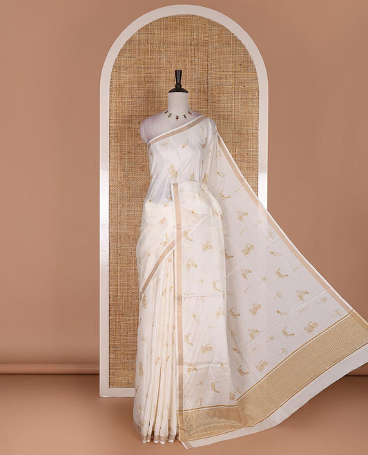 Half-white Kerala-culture theme printed Kerala cotton saree, zari border, pallu of stripes, and a matching blouse