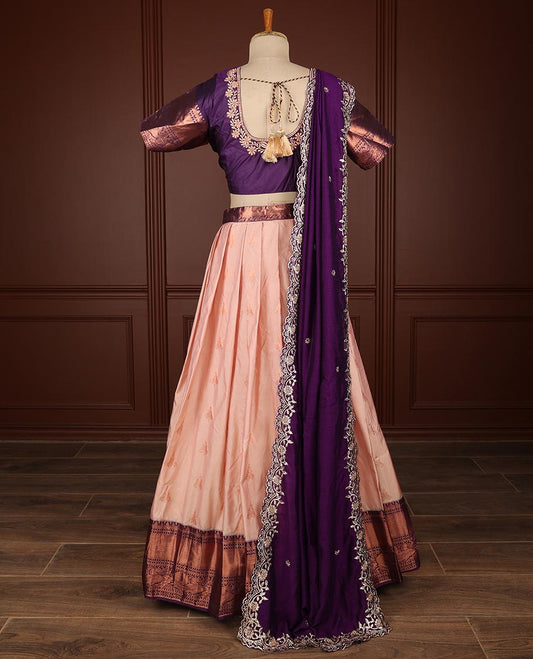 Peach half saree with contrast zari design border, embroidery blouse & floral embroidery dhavani