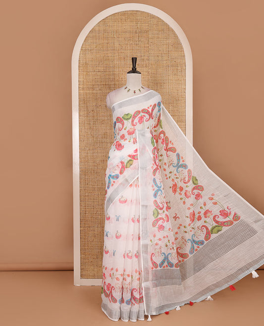 White Pichwai Lotus, cow, and paisleys printed linen cotton saree, silver zari border, striped pallu and plain blouse