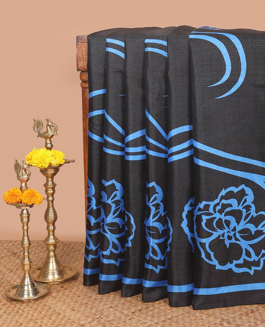 Black with blue geometrical design khadhi cotton saree with self border & solder pallu along with plain blouse